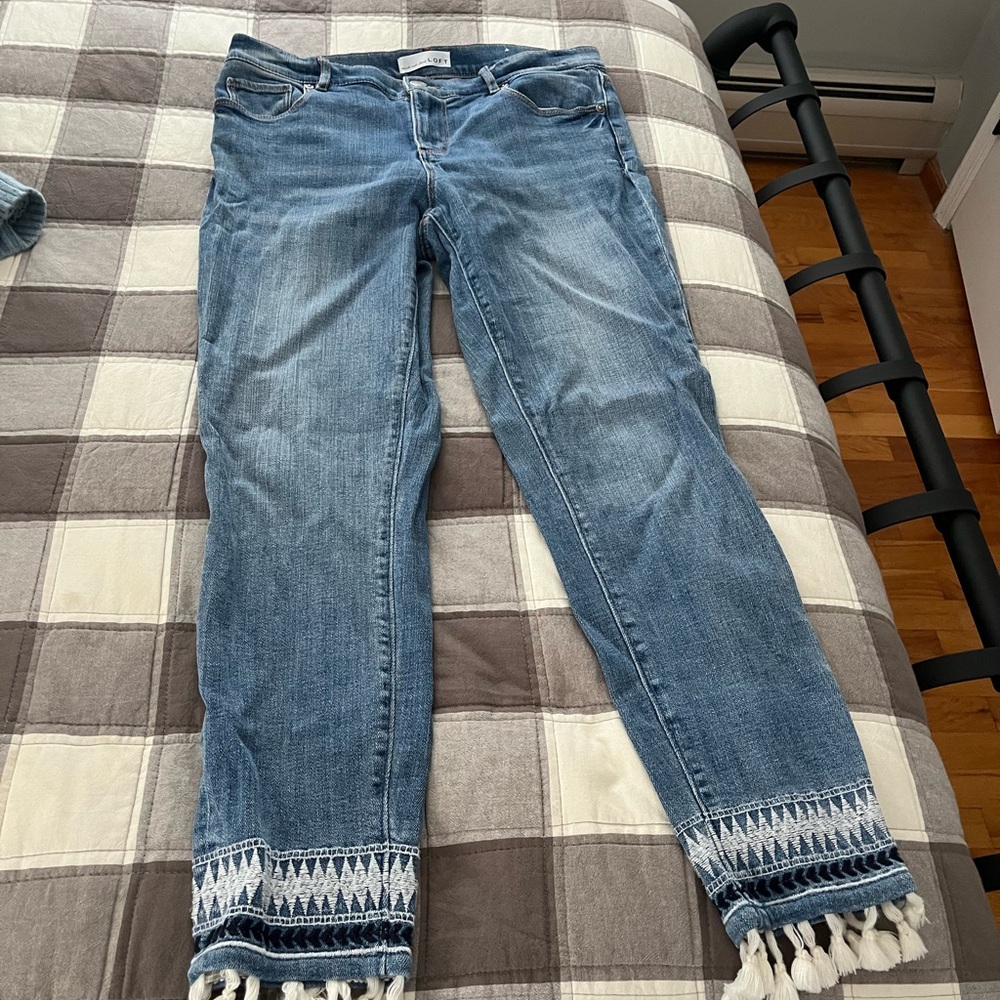LOFT Blue Ankle Cropped Jeans with Tassel Hem